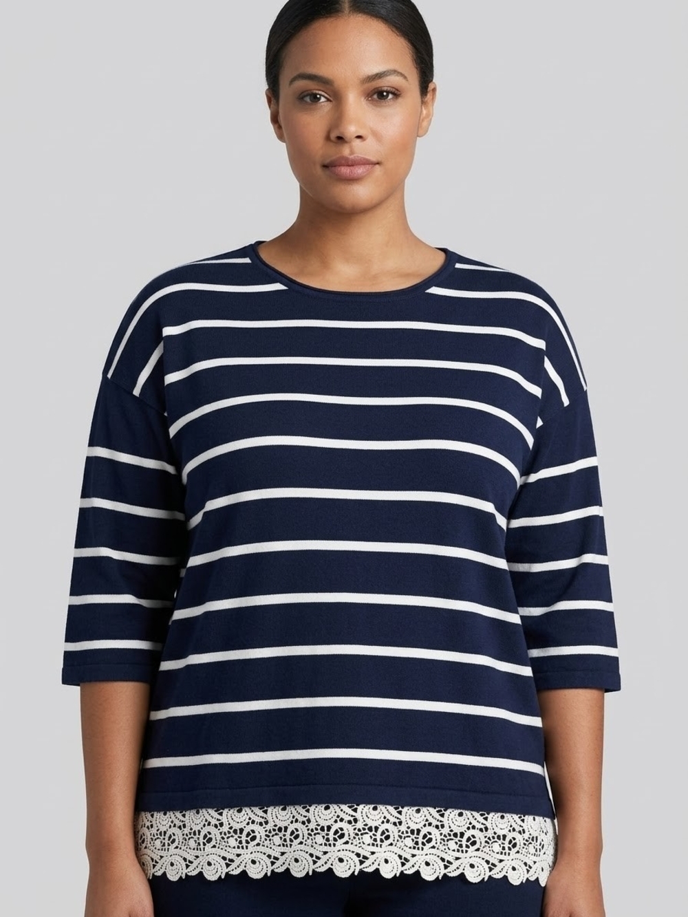 CJ Banks Navy Blue White Striped Lace Hem Top 2X